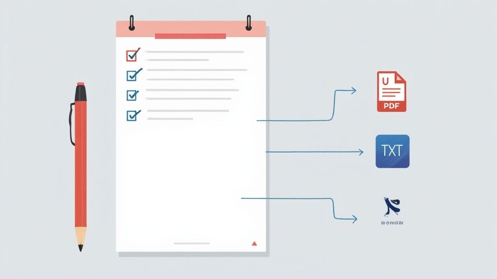 Illustration of a checklist notepad and pencil, showing notes converted to PDF, TXT, and Rom file formats.