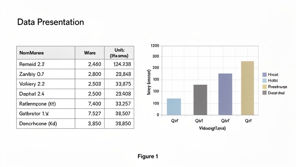 Data presentation featuring a table with numerical values and a bar chart visualizing different data points.