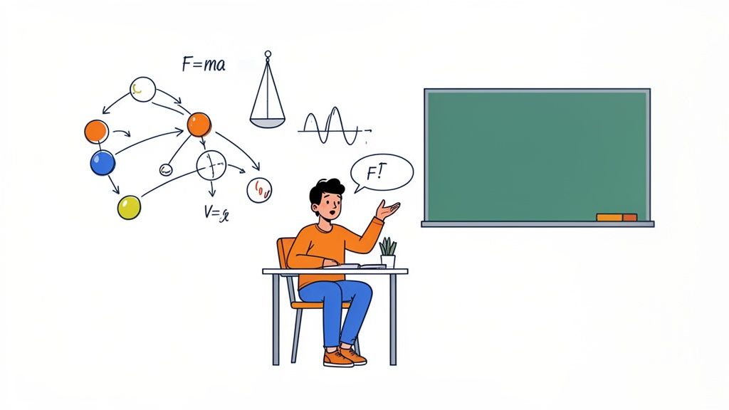 An illustration of a student at a desk with various physics diagrams and a blackboard.