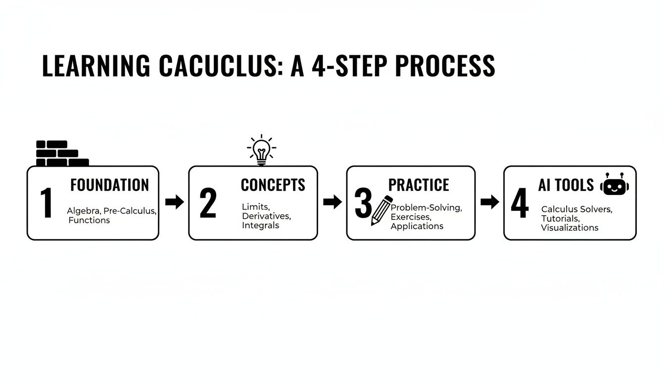 A 4-step flowchart showing how to learn calculus: Foundation, Concepts, Practice, and AI Tools.
