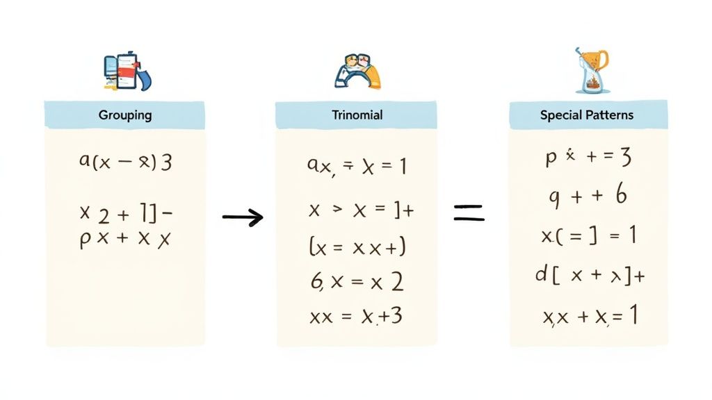 A diagram showing multiple steps in a factoring problem
