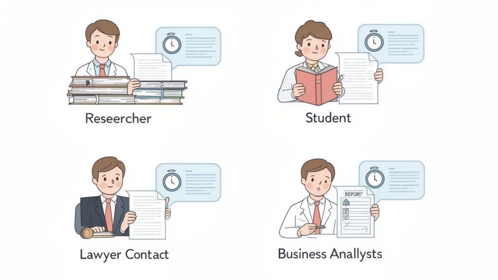 Illustrations of a researcher, student, lawyer, and business analyst using text summarization.