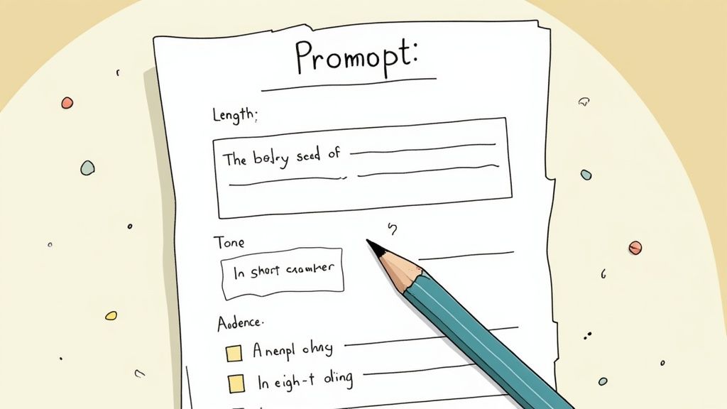 A hand-drawn image of a 'Prompt' form on paper, showing sections for length, tone, and audience, with a pencil.