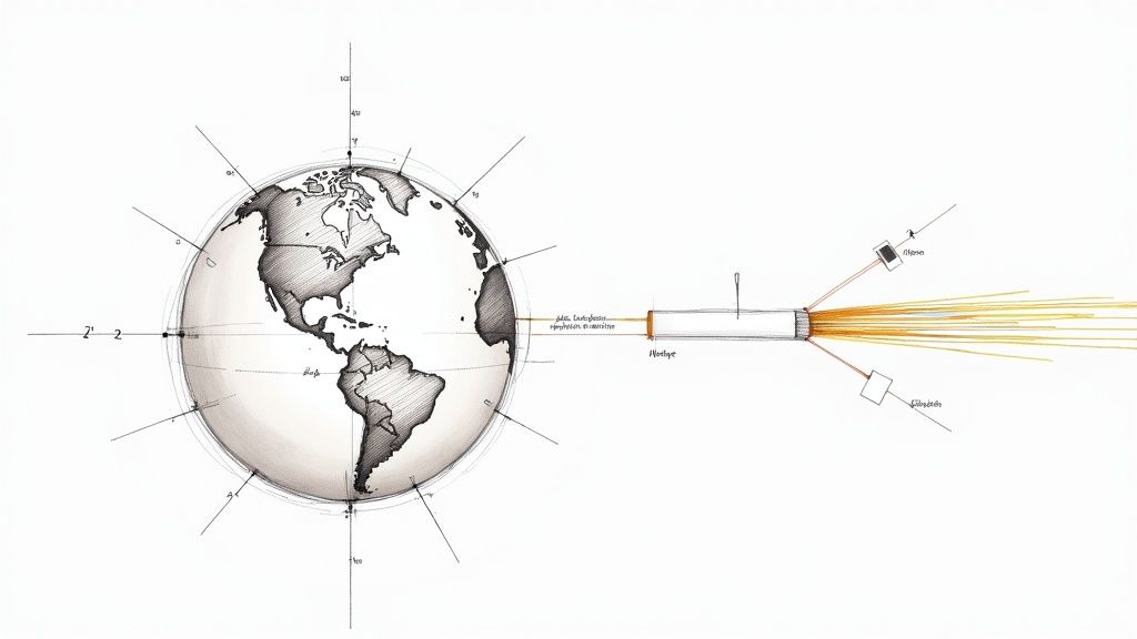 A conceptual sketch illustrating Earth connected to a fiber optic cable with signal transmission.
