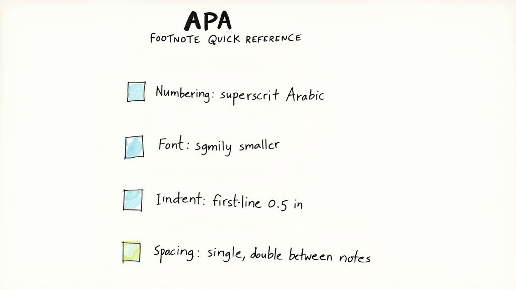 Handwritten APA Footnote Quick Reference guide listing formatting rules for numbering, font, indent, and spacing.