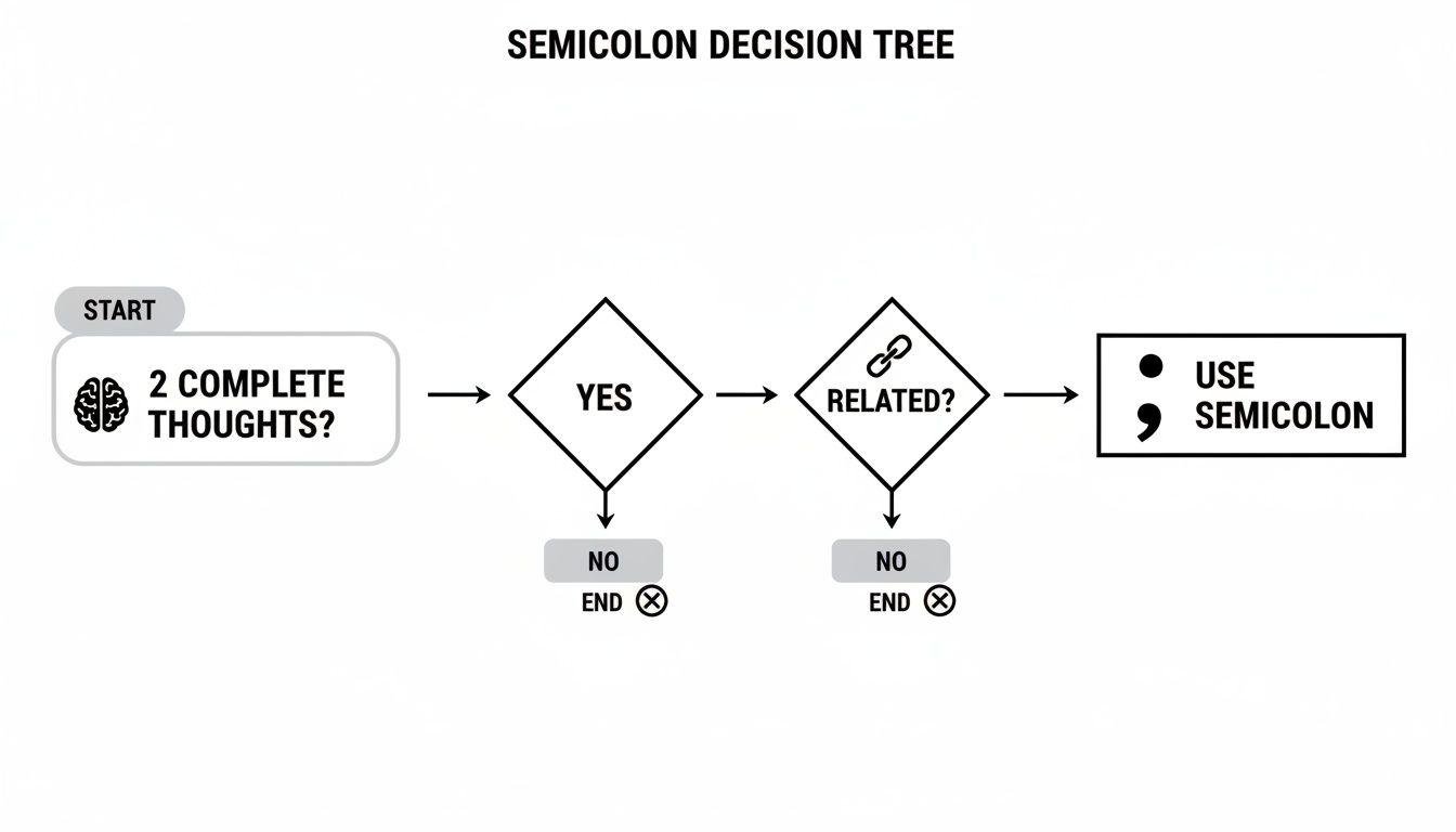 Semicolon decision tree diagram showing when to use a semicolon between complete, related thoughts.