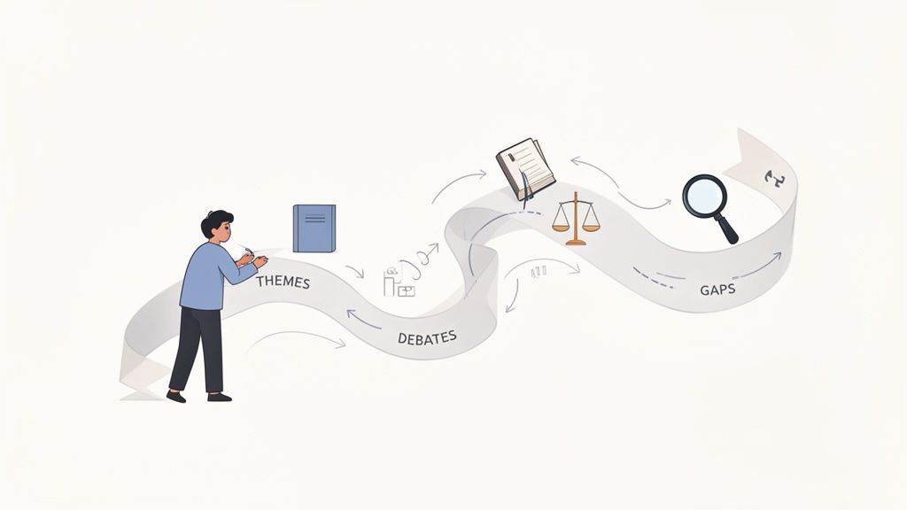 Illustration of a person writing, outlining themes, debates, and identifying gaps in a literature review.