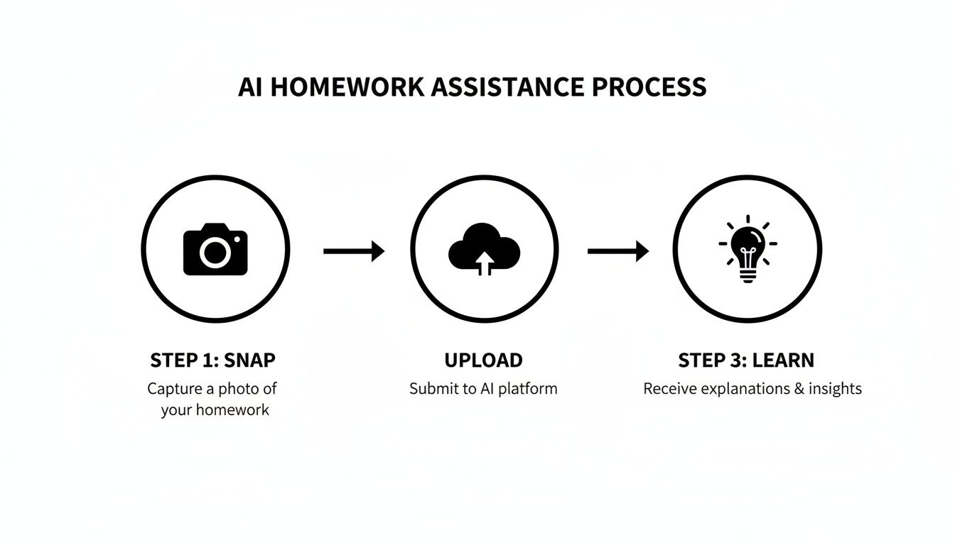 Visual guide showing how to use AI for homework assistance: snap, upload, learn.