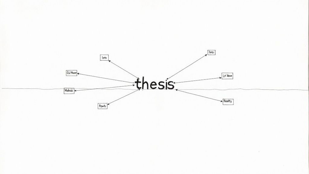 A conceptual diagram centered on the word 'thesis', showing multiple arrows pointing to it from various terms.