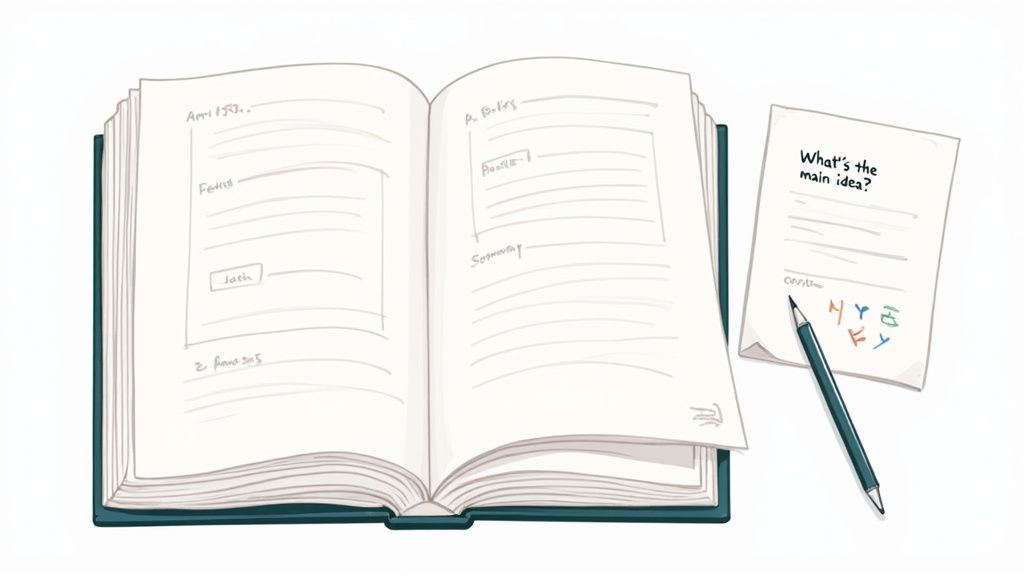 An open journal or study notebook with handwritten notes, alongside a paper asking 'What's the main idea?' and a pencil.