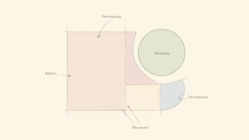 Hand-drawn conceptual diagram illustrating pastel-colored geometric shapes, including a circle and rectangles, with unique labels.