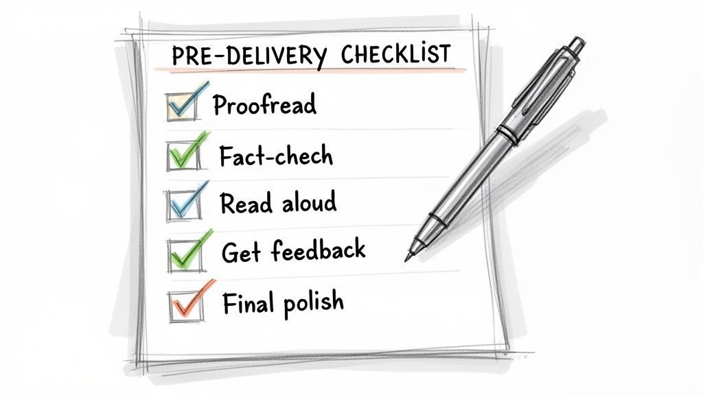 A handwritten pre-delivery checklist showing five completed tasks like proofreading and fact-checking, with a pen.