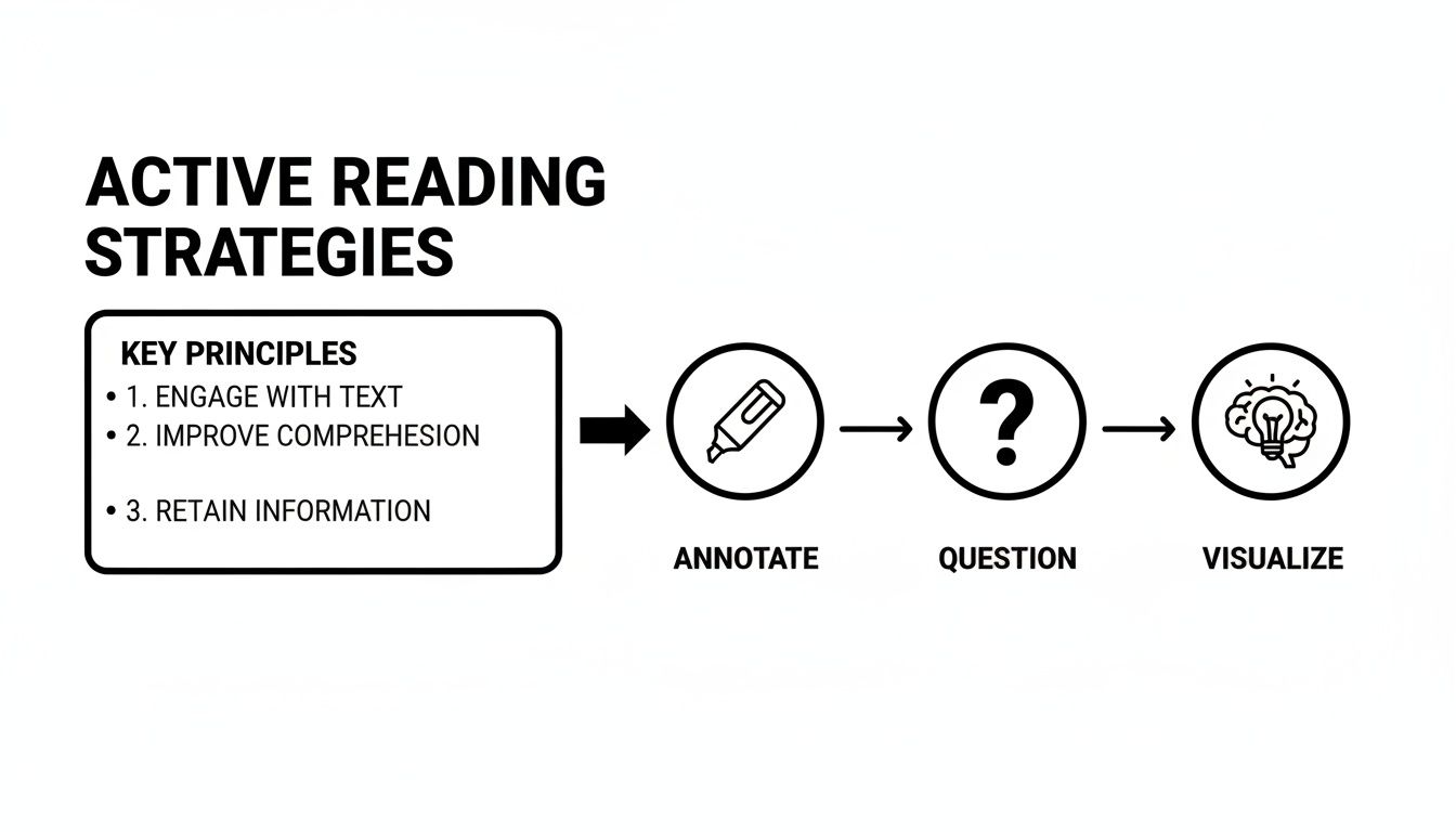Diagram illustrating active reading strategies: key principles, annotate, question, and visualize for better comprehension.