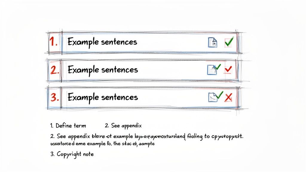 Three numbered example sentences with different document status icons and related text annotations below.