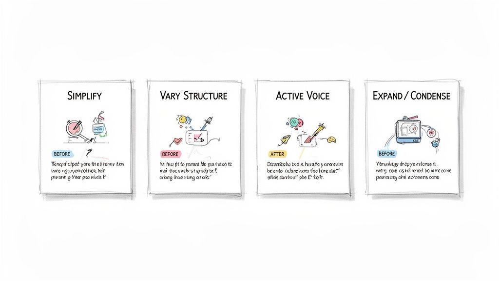 Four illustrated cards demonstrating writing improvement techniques: simplify, vary structure, active voice, and expand/condense.