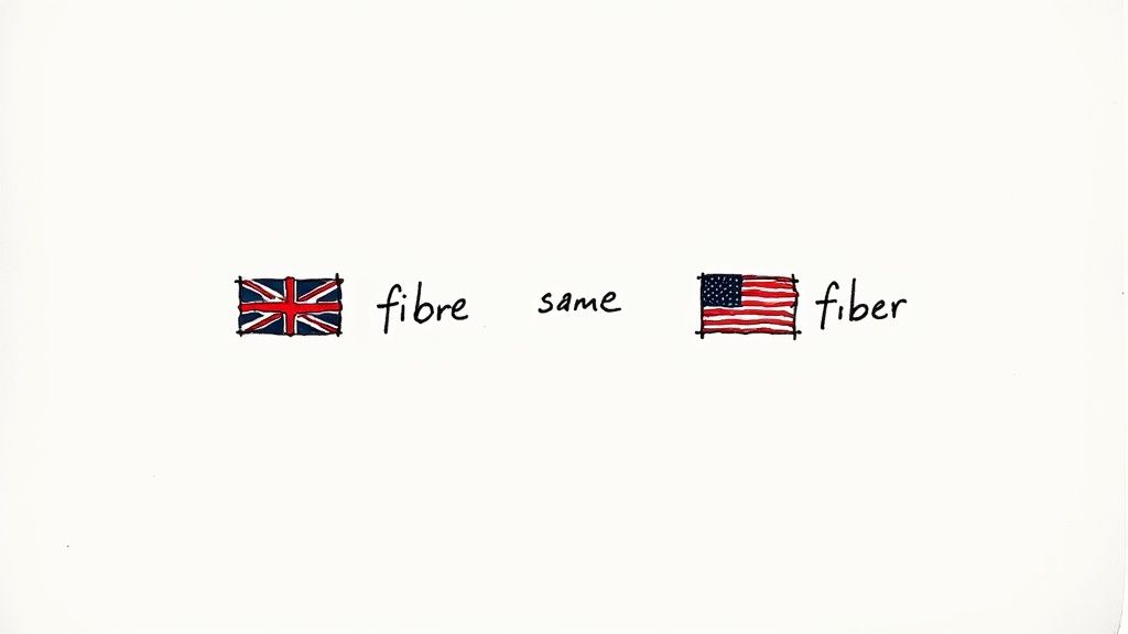 A drawing comparing British English 'fibre' and American English 'fiber' with flags.