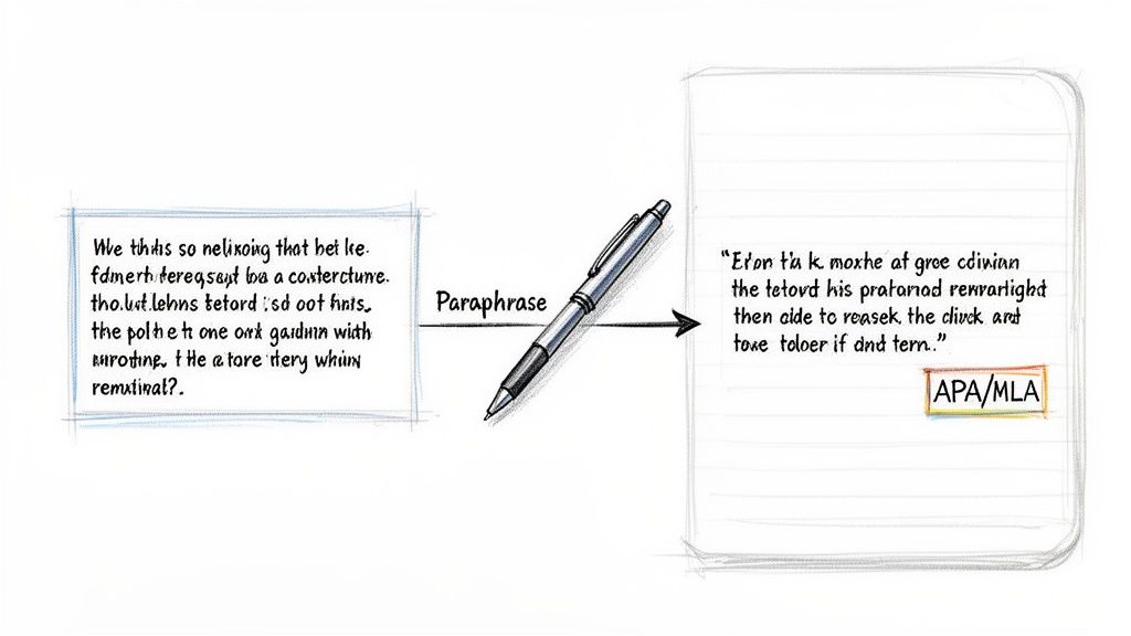 A diagram illustrates paraphrasing, showing original text transforming into a new version with a pen, leading to an APA/MLA citation.
