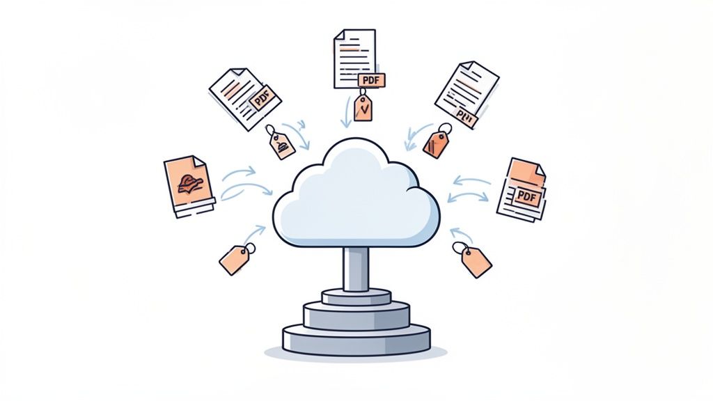 An illustration of various documents and data tags flowing to and from a central cloud storage hub.
