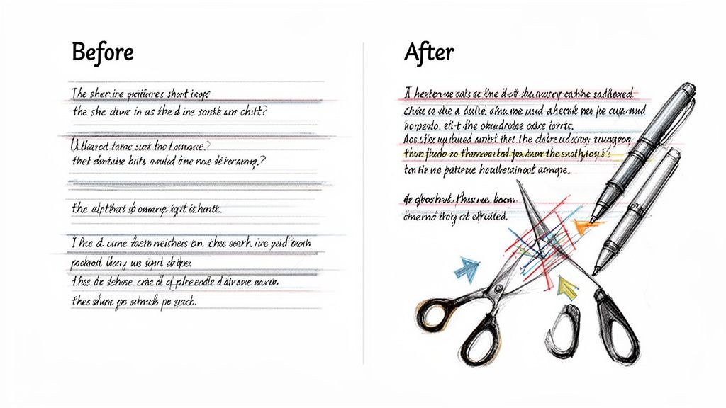 Visual comparison of handwritten text 'Before' and 'After' editing, featuring writing tools.