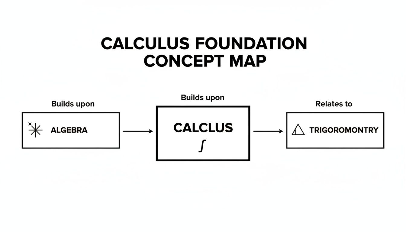 A concept map illustrating that Calculus builds upon Algebra and relates to Trigonometry, with the title 'Calculus Foundation Concept Map'.