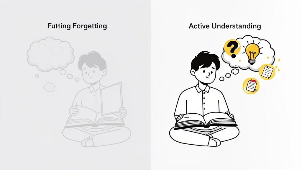 Two illustrations contrasting passive forgetting with active learning for better comprehension.