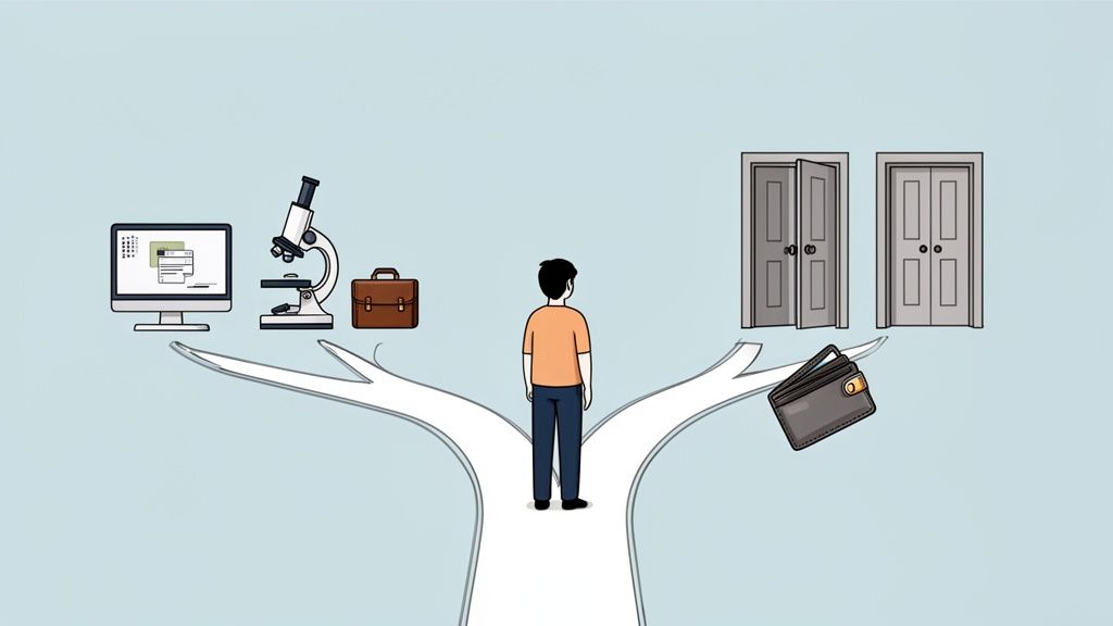 A person stands at a crossroads, contemplating choices between education/career and financial paths.