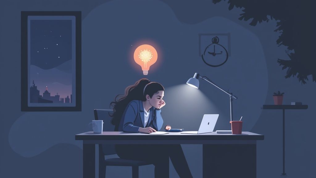Illustration of a student working late, with a laptop, desk lamp, and a bright idea.