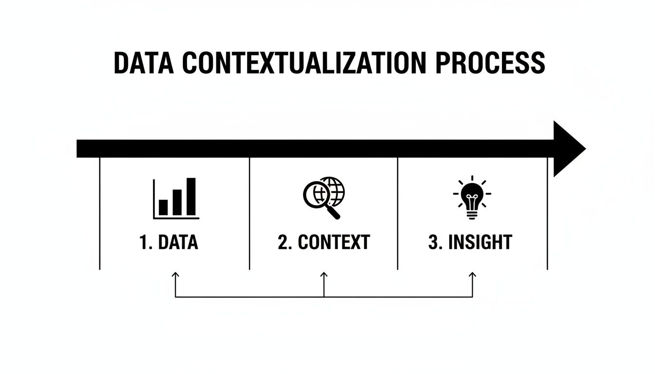 A diagram illustrating the data contextualization process, showing steps from data to context and finally insight.