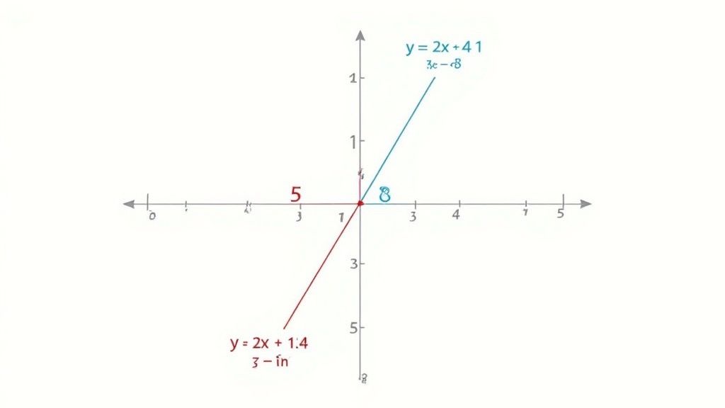 Two lines intersecting on a graph, illustrating the graphical method for solving a system of linear equations.