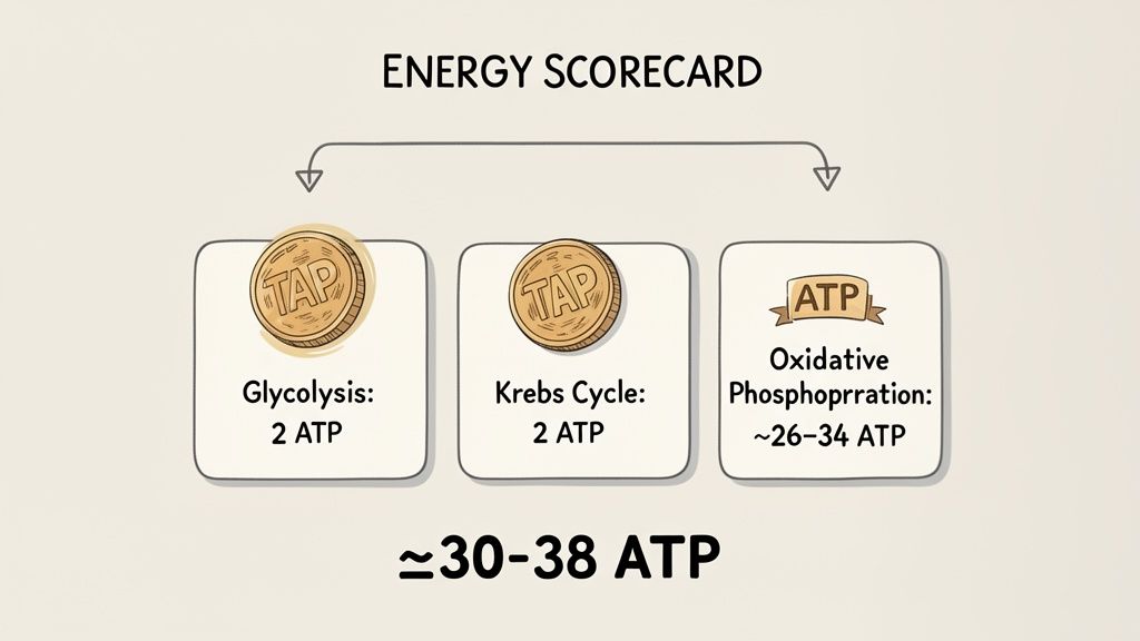Energy scorecard illustrating ATP production from glycolysis, Krebs cycle, and oxidative phosphorylation during cellular respiration.