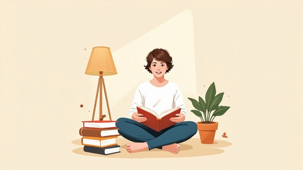 A smiling person sits reading a book on the floor, with a lamp, stacked books, and a plant.