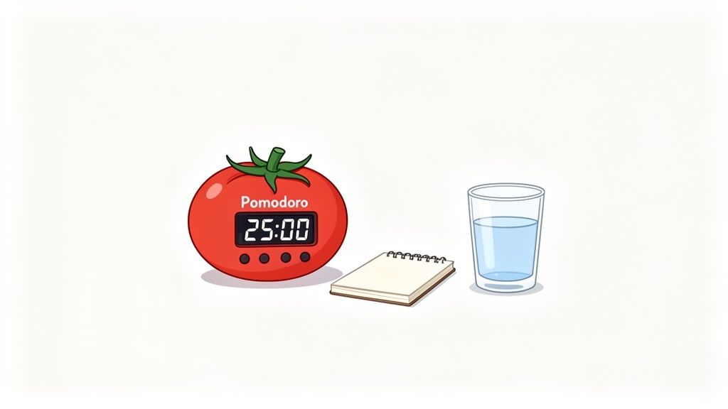 A red Pomodoro timer set to 25:00, a notepad, and a glass of water for focused study.