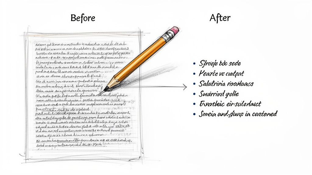 A pencil converts messy handwritten notes into a clean, bulleted digital list in a before-after comparison.