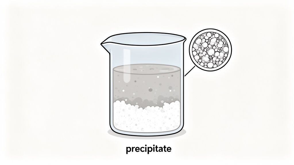 Illustration of a beaker with a chemical precipitate settling at the bottom, with a magnified view.