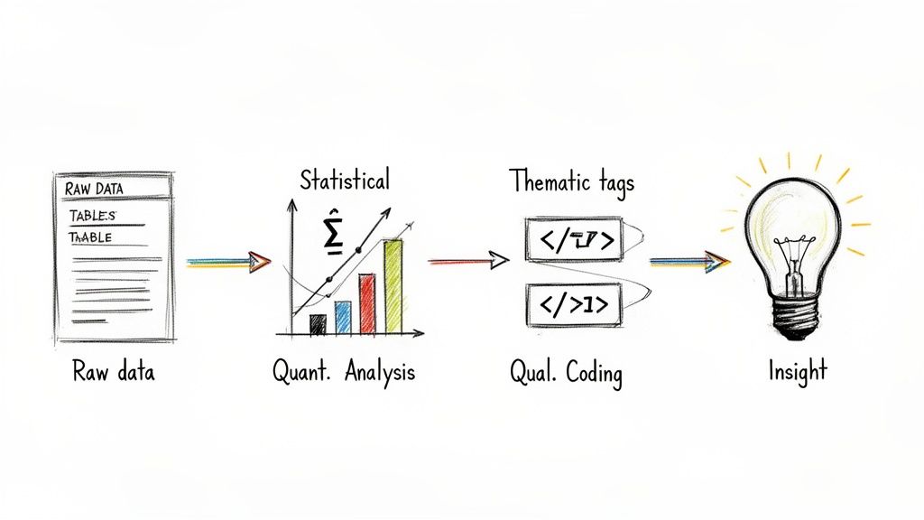 A flowchart illustrating the data analysis process from raw data to insight through quantitative and qualitative steps.