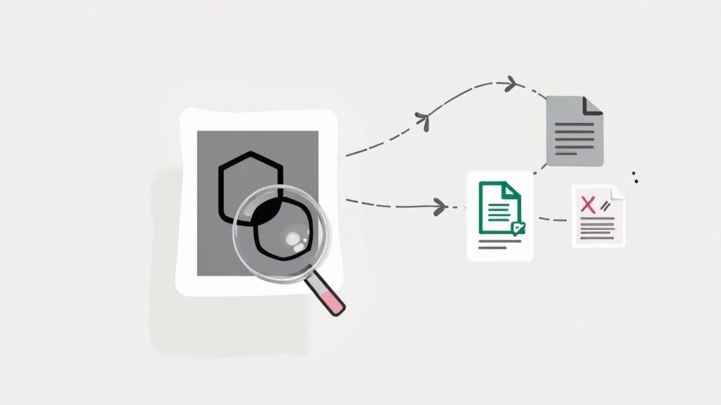 An illustration showing a document being analyzed by a magnifying glass, leading to different processed document outcomes.