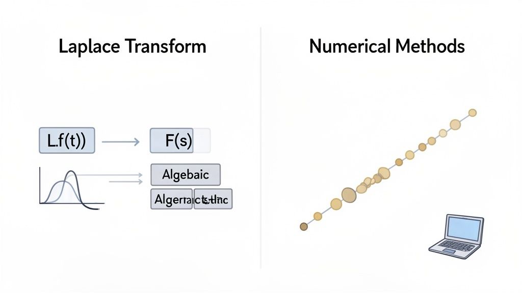 Diagram illustrating Laplace Transform converting functions and numerical methods with a laptop for computation.
