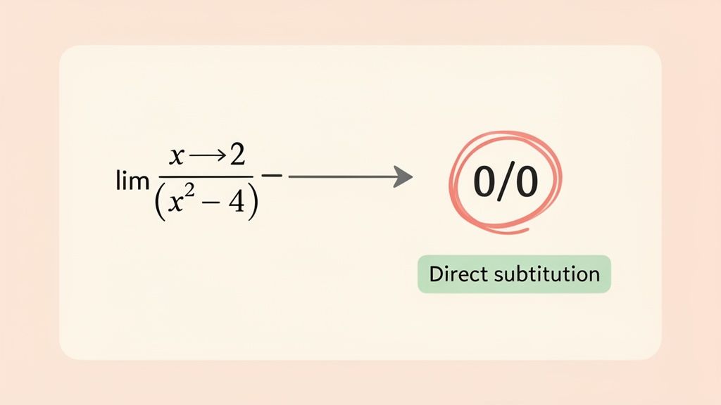 A calculus limit problem showing direct substitution results in the indeterminate form 0/0.