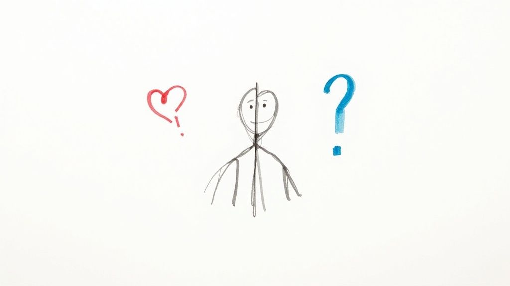 A stick figure drawing on white paper, split down the middle, contemplating a red heart and a blue question mark.