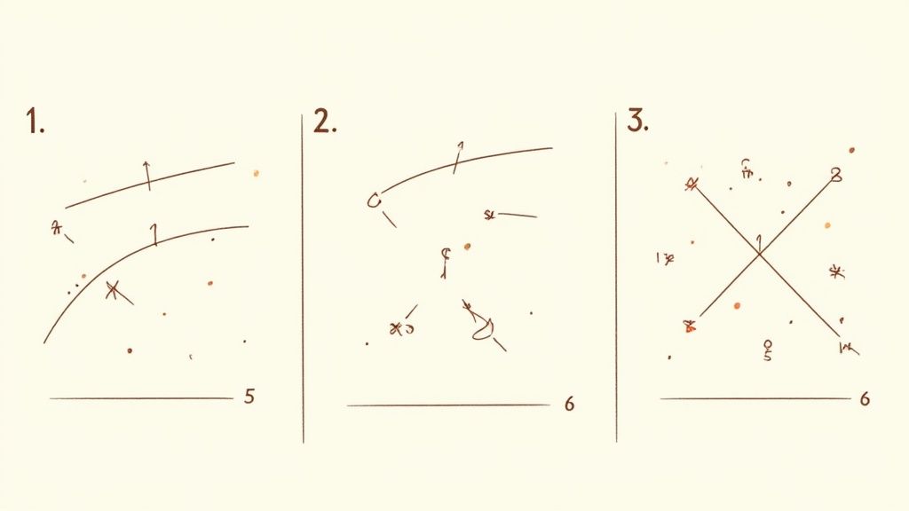 Three hand-drawn mathematical or scientific diagrams with lines, curves, dots, and numbers, representing complex problems.
