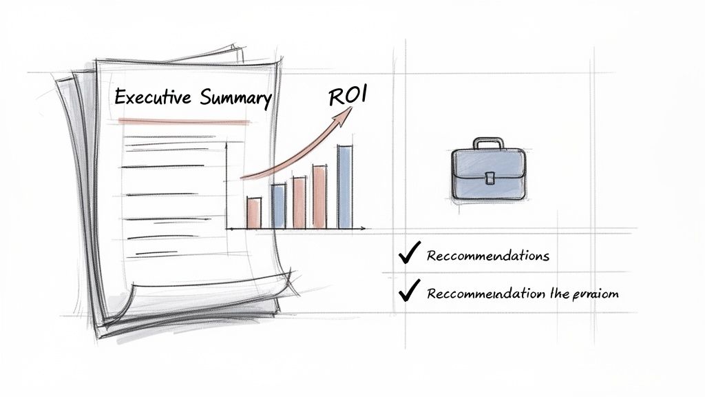 Hand-drawn sketch illustrating business concepts: executive summary, ROI growth chart, briefcase, and recommendations.