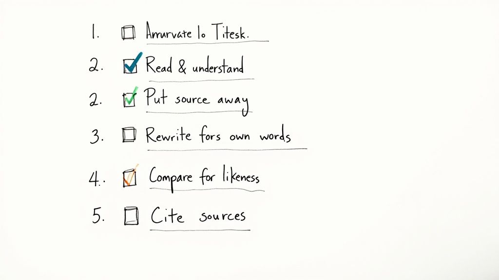 A handwritten checklist illustrating steps for effective paraphrasing and avoiding plagiarism, with some tasks checked.