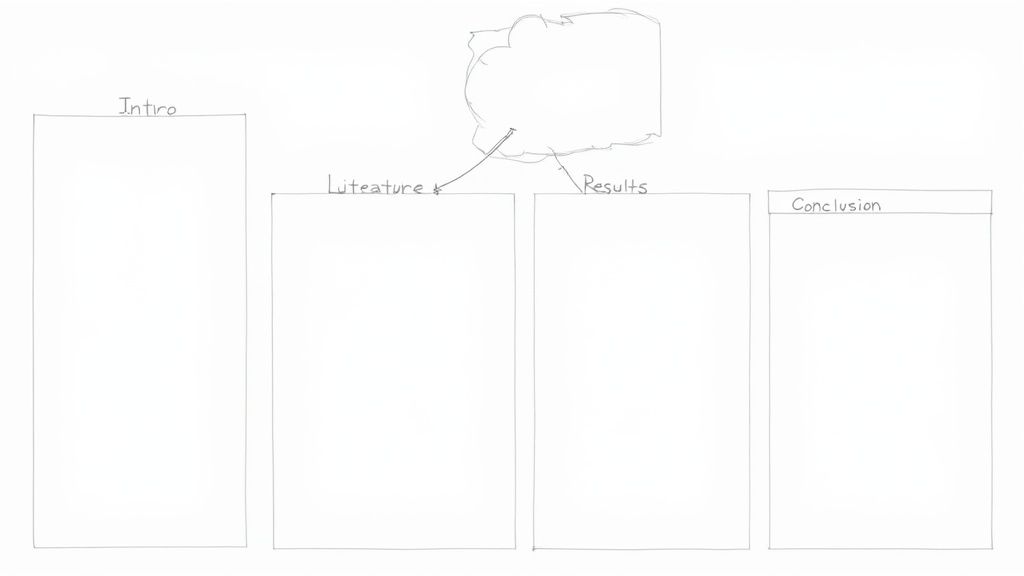 Hand-drawn research paper structure diagram showing intro, literature, results, and conclusion sections