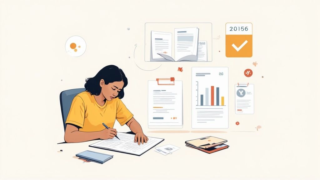 An illustration of a student diligently working at a desk surrounded by documents and charts.