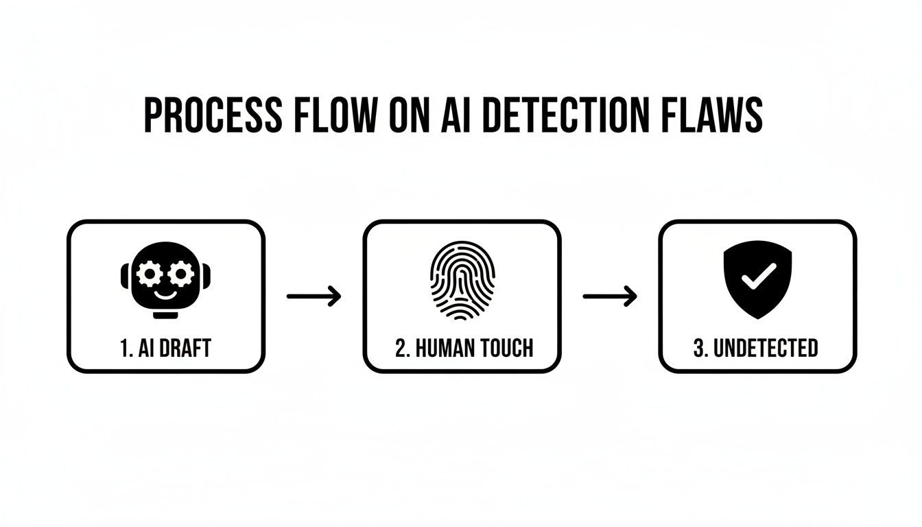 Diagram showing a three-step process: AI draft, followed by human touch, leading to undetected AI content.