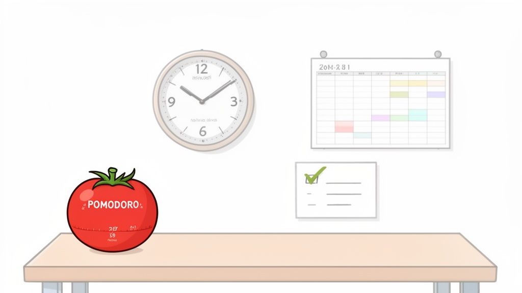 A productivity desk setup featuring a Pomodoro timer, wall clock, calendar, and checklist.