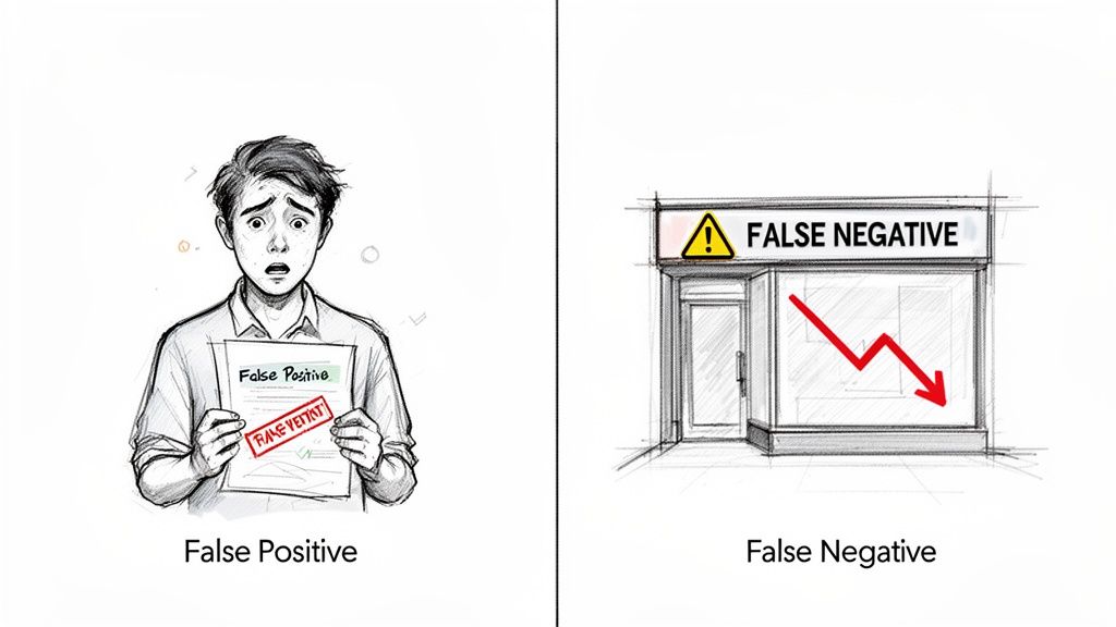 Two sketches illustrating data science concepts: a worried man for false positive and a declining store for false negative.