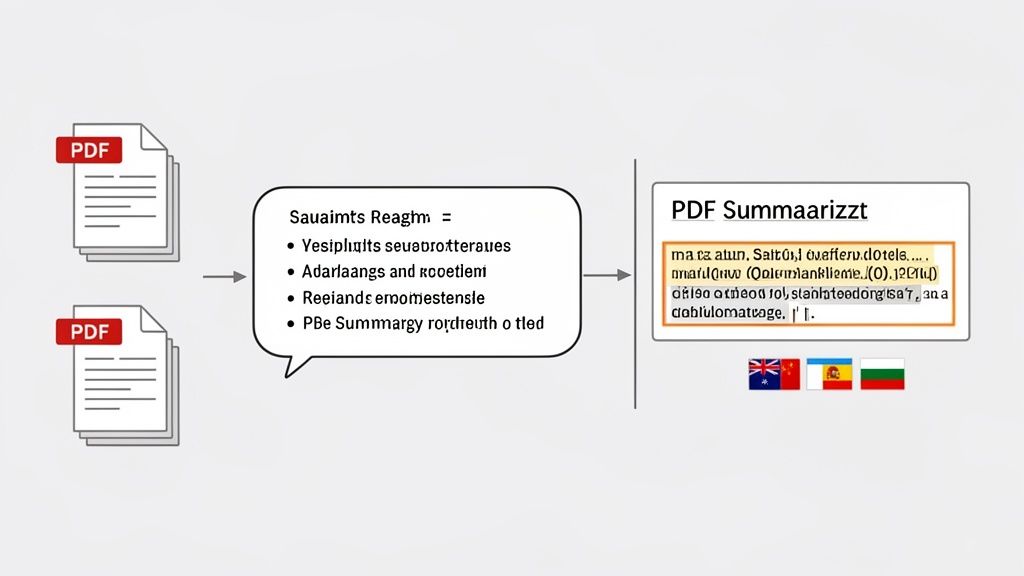 Diagram illustrating PDF documents being processed and summarized, with flags indicating multilingual support.