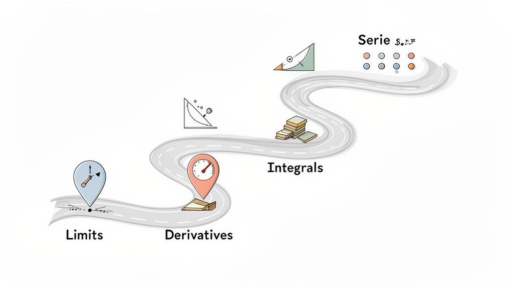 An illustrative road map showing the learning progression of calculus concepts: Limits, Derivatives, Integrals, and Series.