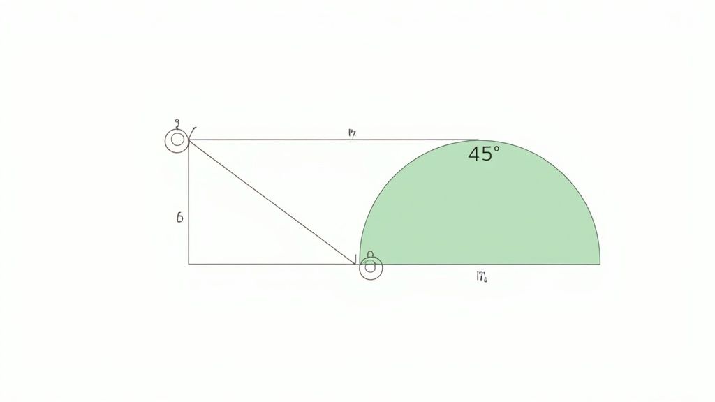 Geometry problem showing right triangle with six unit height and semicircle with forty-five degree angle